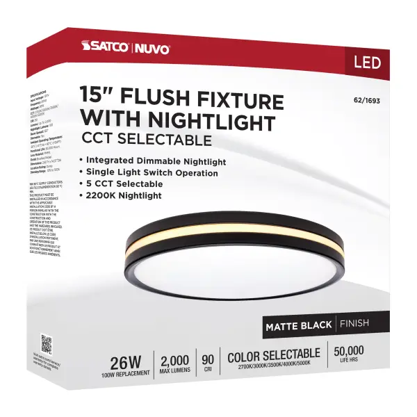 15" Flush Mount with Night Light - Matte Black - Image 16