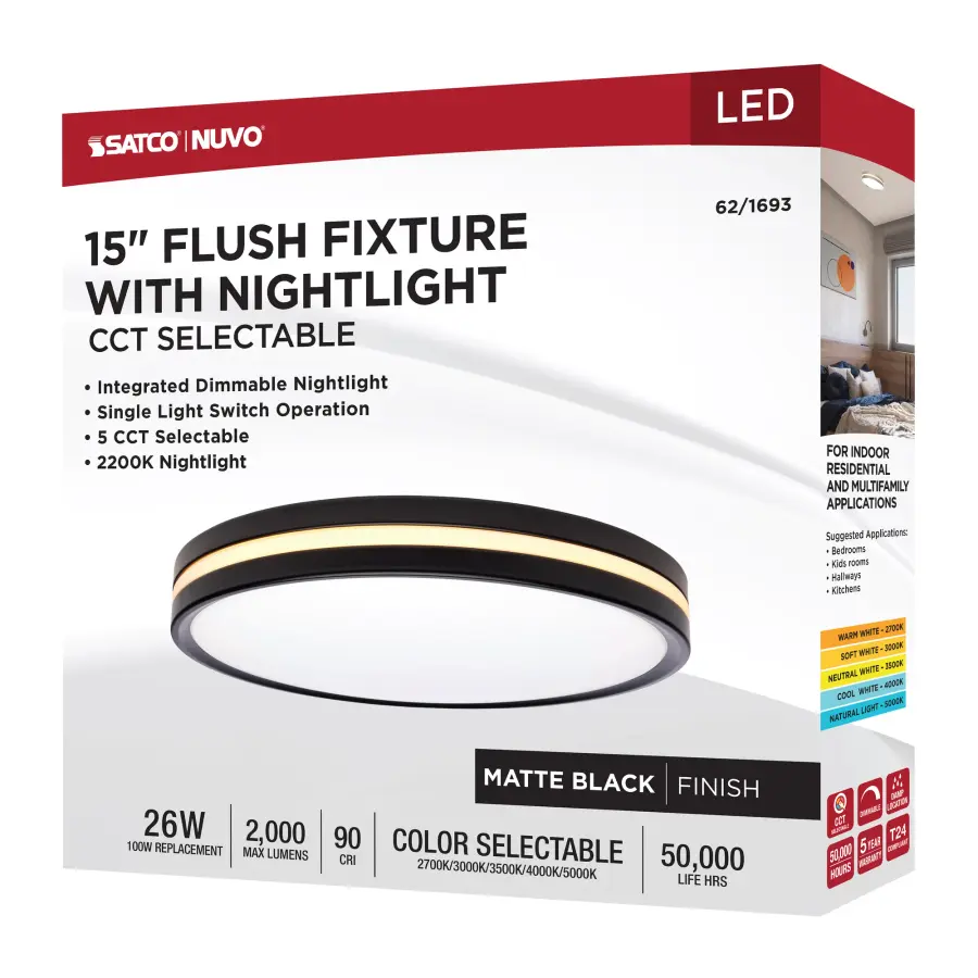 15" Flush Mount with Night Light - Matte Black - Image 17