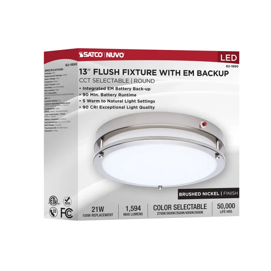 Glamour 13" LED Flush Mount with Emergency Battery - Brushed Nickel - Image 15