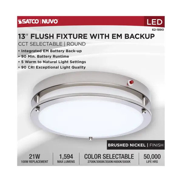 Glamour 13" LED Flush Mount with Emergency Battery - Brushed Nickel - Image 10