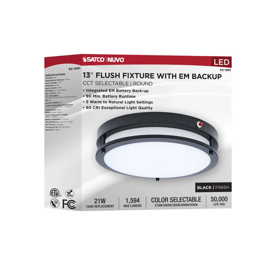 Glamour 13" LED Flush Mount with Emergency Battery - Black - Image 15