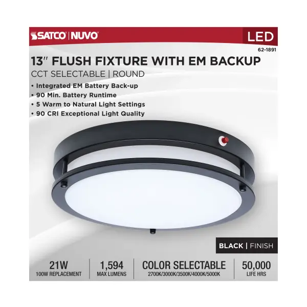 Glamour 13" LED Flush Mount with Emergency Battery - Black - Image 10