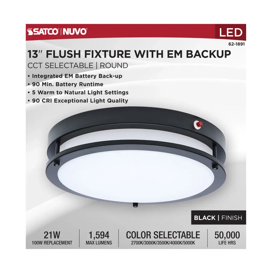 Glamour 13" LED Flush Mount with Emergency Battery - Black - Image 10