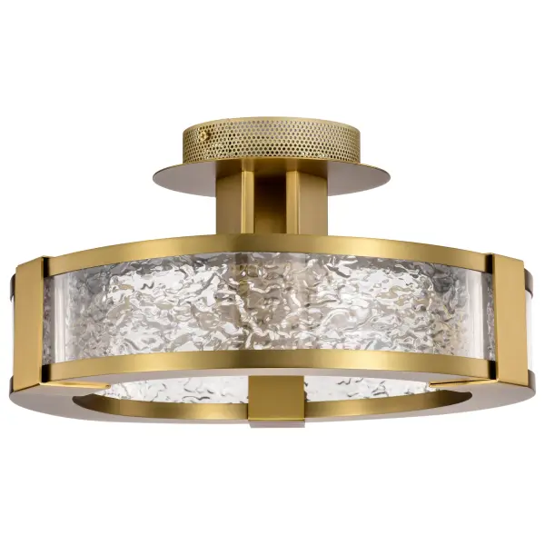 The Darrow semi flush mount combines vintage brass warmth with contemporary design. Its water-effect textured acrylic panels create captivating light patterns, making it perfect for spaces needing both ambient lighting and visual interest.