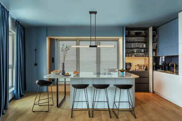 The Kingsport LED Island Pendant delivers striking visual impact with its matte black finish and distinctive open-weave mesh design. Integrated LED technology provides bright, energy-efficient illumination perfect for kitchen islands and dining areas. - alternate view