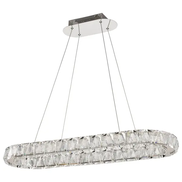 The Asher pendant showcases premium K9 crystal that creates stunning light refraction, paired with polished nickel for sophisticated contrast. At 36 inches, it makes a bold statement while providing excellent illumination.