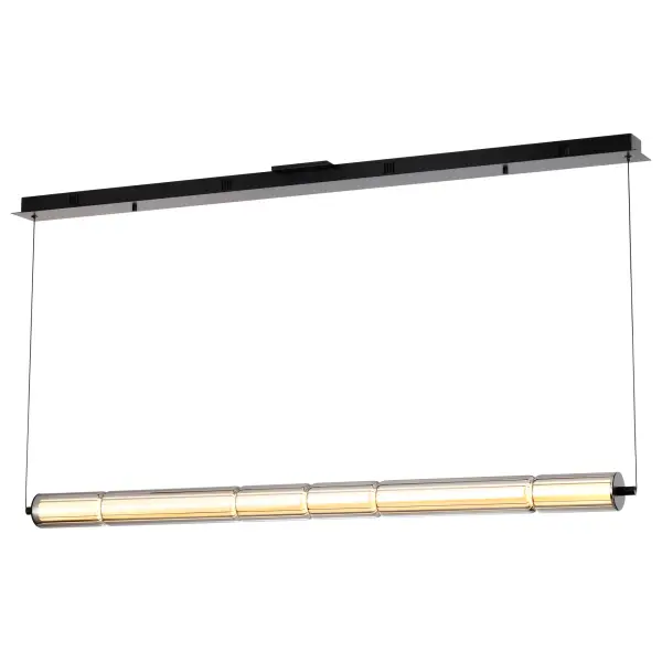 The Evander brings refined minimalist elegance to modern kitchens with its 48-inch linear profile, matte black finish, and distinctive smoked mirror glass tube. Integrated LED technology delivers warm, inviting illumination perfect for islands and dining areas. - alternate view