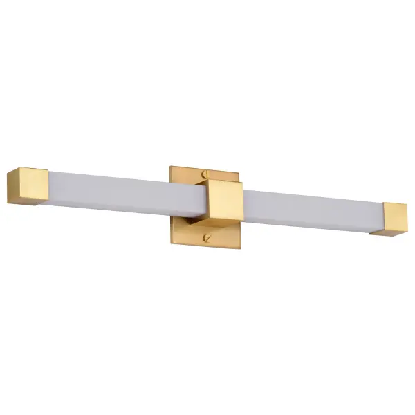 The Brightwyn vanity light combines clean minimalist design with practical LED illumination. Its brushed brass finish adds warmth while the square acrylic lens provides beautifully diffused, balanced light perfect for grooming tasks.