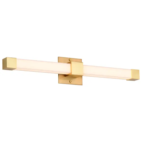 The Brightwyn vanity light combines clean minimalist design with practical LED illumination. Its brushed brass finish adds warmth while the square acrylic lens provides beautifully diffused, balanced light perfect for grooming tasks. - alternate view