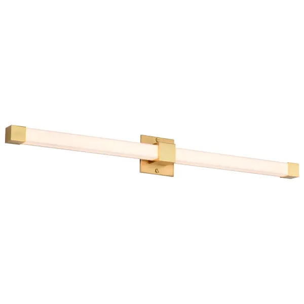 The Brightwyn vanity light delivers 3200 lumens of warm, diffused LED illumination through a sleek square acrylic lens. Its minimalist design and brushed brass finish add contemporary sophistication to any bathroom. - alternate view