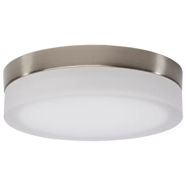 The Pi 9" flush mount combines contemporary styling with practical LED technology. Its brushed nickel finish and frosted glass diffuser provide clean, even illumination ideal for smaller spaces and low-ceiling applications.