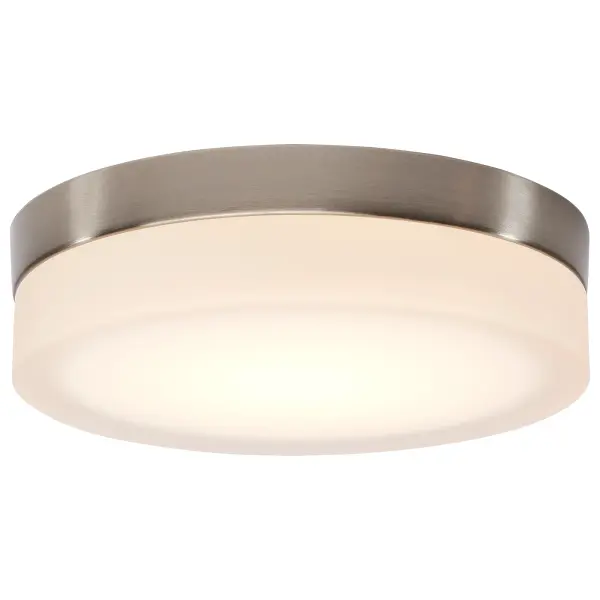 The Pi 9" flush mount combines contemporary styling with practical LED technology. Its brushed nickel finish and frosted glass diffuser provide clean, even illumination ideal for smaller spaces and low-ceiling applications. - alternate view