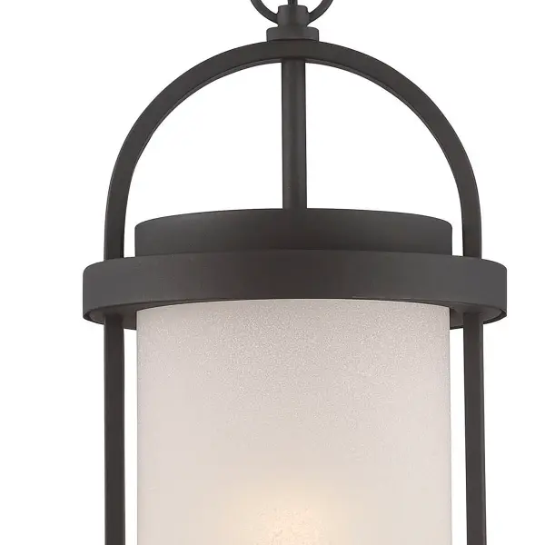 The Willis outdoor hanging light combines timeless farmhouse charm with energy-efficient LED technology. Its antique white glass shade and black finish create a welcoming ambiance for porches, patios, and entryways. - alternate view