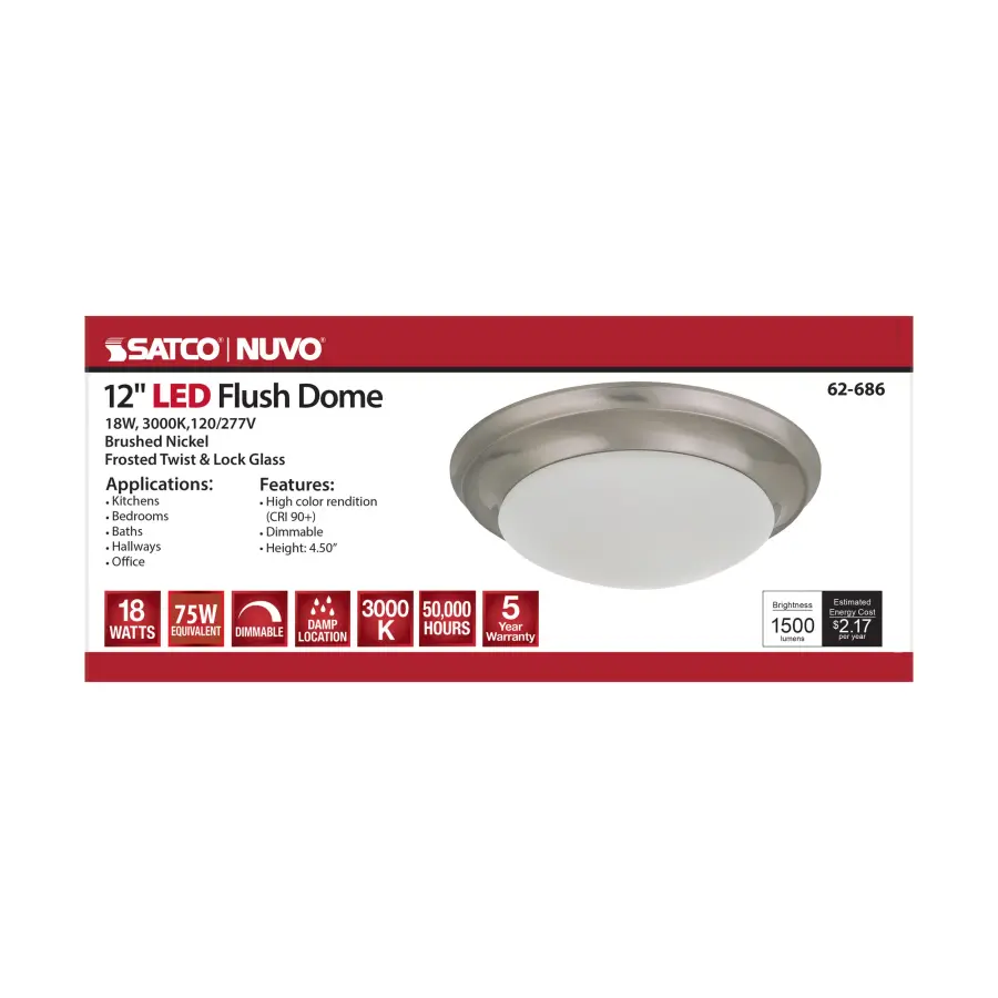 18W LED Flush Mount Ceiling Light - 12 Inch Brushed Nickel with Frosted Glass - Image 2