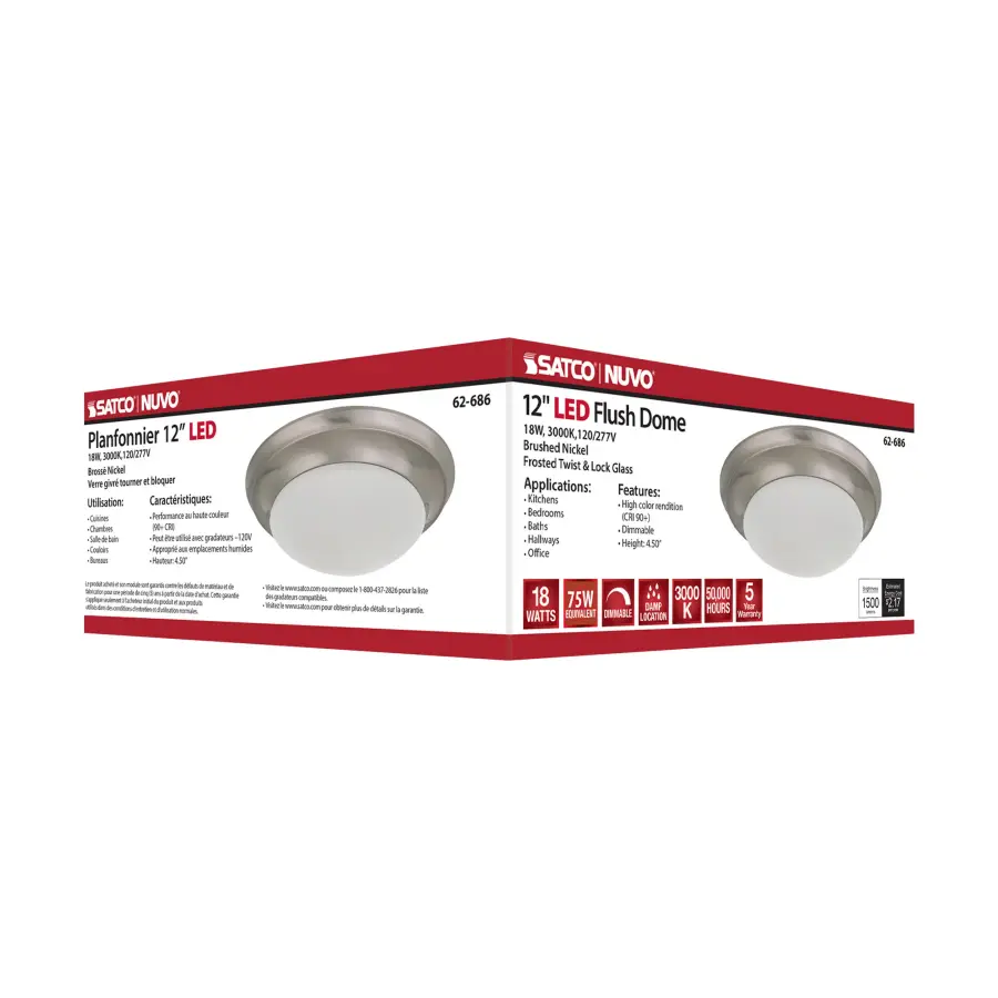 18W LED Flush Mount Ceiling Light - 12 Inch Brushed Nickel with Frosted Glass - Image 7
