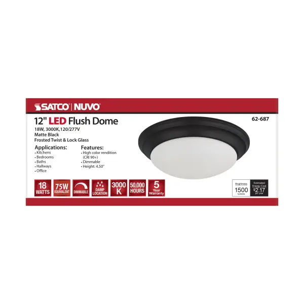 This 12-inch flush mount delivers reliable, maintenance-free illumination with integrated LED technology rated for 50,000 hours. The matte black finish and frosted glass create a clean, contemporary look ideal for hallways, bedrooms, and multi-family applications. - alternate view