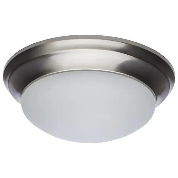 This 14-inch brushed nickel flush mount delivers efficient, maintenance-free lighting with integrated LED technology. The frosted glass diffuser provides soft, even illumination perfect for hallways, bedrooms, and kitchens.