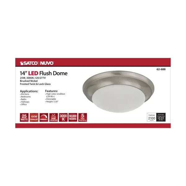 This 14-inch brushed nickel flush mount delivers efficient, maintenance-free lighting with integrated LED technology. The frosted glass diffuser provides soft, even illumination perfect for hallways, bedrooms, and kitchens. - alternate view
