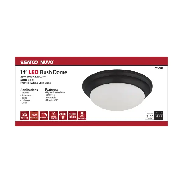 This 14-inch flush mount delivers efficient, maintenance-free lighting with integrated LED technology rated for 50,000 hours. The matte black finish and frosted glass diffuser provide clean, contemporary styling suitable for various residential applications. - alternate view