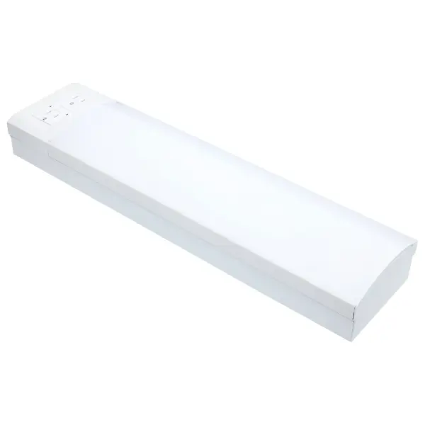 This compact 18-inch LED wrap fixture combines efficient lighting with dual GFCI outlets, making it ideal for utility spaces where both illumination and convenient power access are essential.