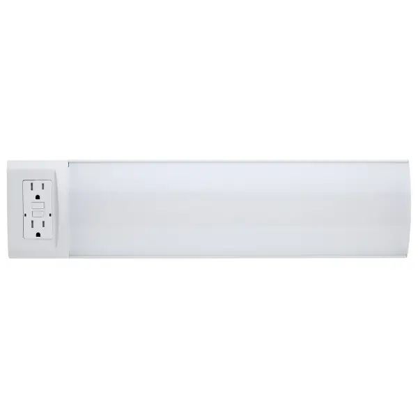 This compact 18-inch LED wrap fixture combines efficient lighting with dual GFCI outlets, making it ideal for utility spaces where both illumination and convenient power access are essential. - alternate view