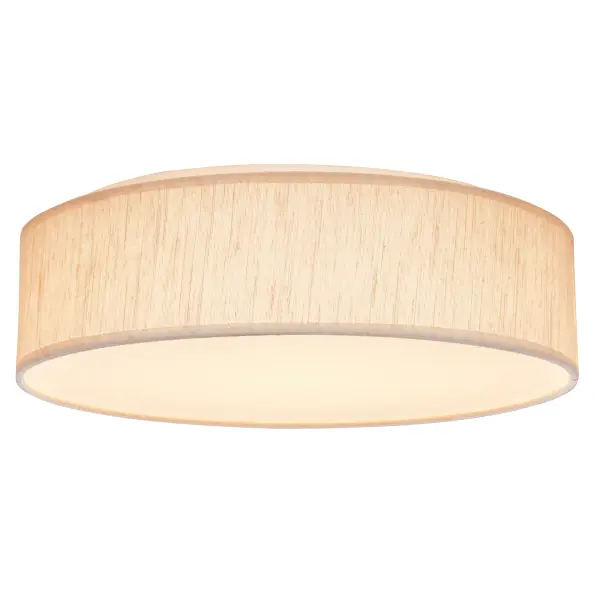 This 15-inch fabric drum flush mount combines contemporary style with practical LED technology. The CCT selectable feature allows you to choose between warm, neutral, or cool lighting, while the beige fabric shade and acrylic diffuser provide soft, glare-free illumination perfect for any room. - alternate view