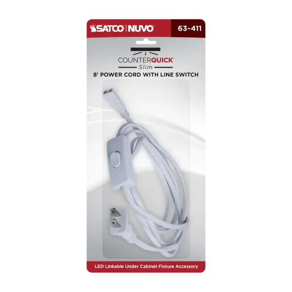 This 8-foot power cord with integrated line switch provides flexible power extension for under cabinet lighting systems. The white finish blends seamlessly with most installations while the in-line switch offers convenient control. - alternate view