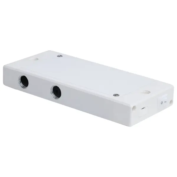 This junction box with integrated switch provides convenient on/off control for CounterQuick Slim under cabinet lighting. The clean white finish blends seamlessly with cabinetry while offering practical functionality.