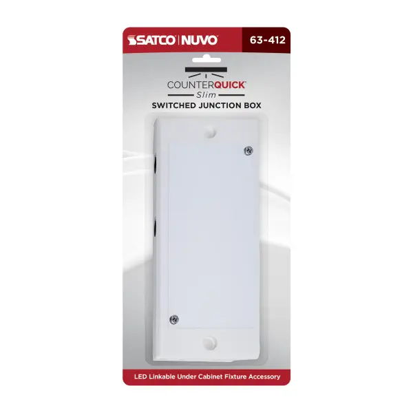 This junction box with integrated switch provides convenient on/off control for CounterQuick Slim under cabinet lighting. The clean white finish blends seamlessly with cabinetry while offering practical functionality. - alternate view