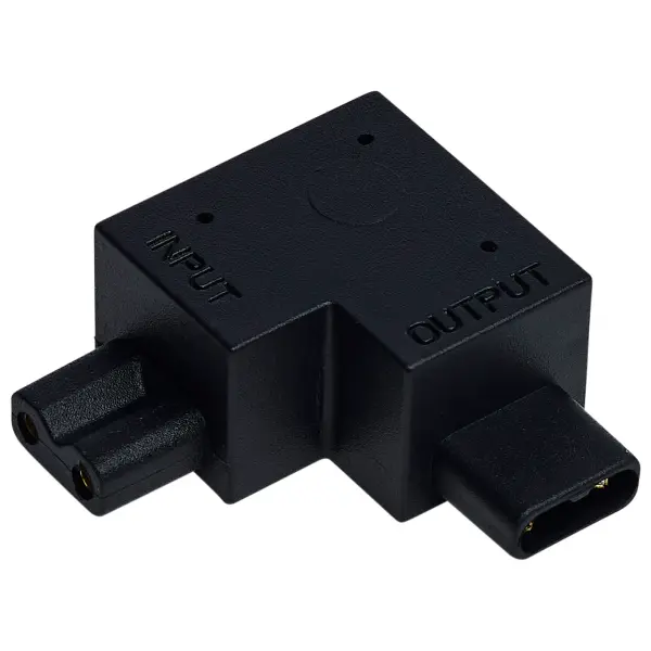 This L-connector enables clean 90-degree turns in CounterQuick Slim under cabinet lighting runs. The black finish integrates discreetly with cabinetry while providing reliable electrical connection for corner installations.