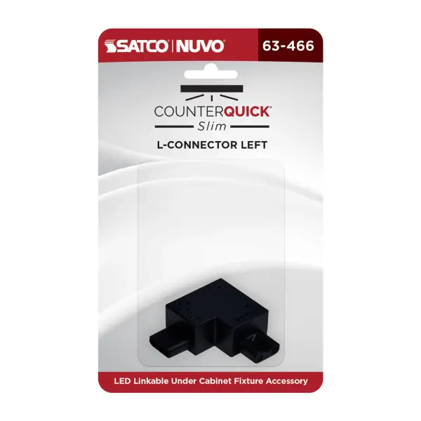 This left-angle L-connector enables clean 90-degree turns in CounterQuick Slim under cabinet lighting installations. The black finish ensures discreet integration while maintaining electrical continuity around corners. - alternate view