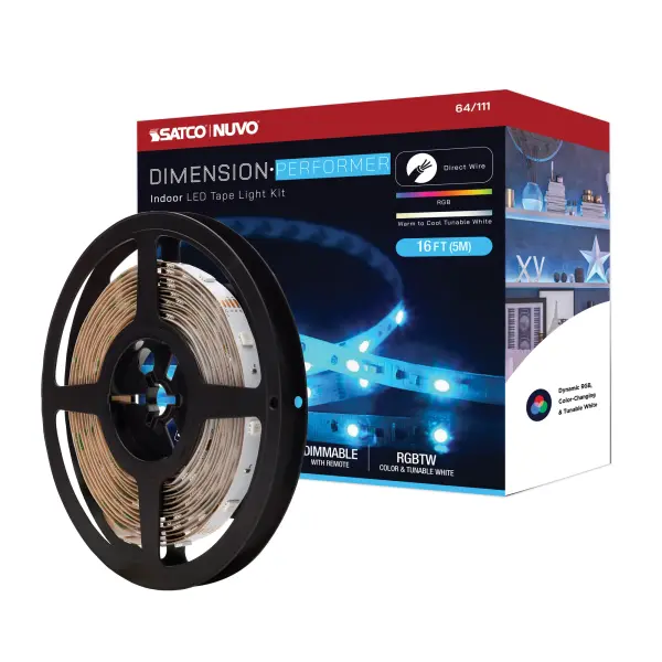 The Dimension Performer offers millions of RGB colors plus warm-to-cool tunable white in a flexible 16-foot strip. Cut-to-size capability and wireless IR remote control make it perfect for accent lighting, under-cabinet installations, and creative mood lighting applications.