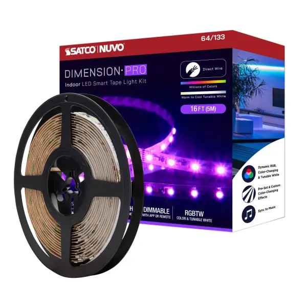 Transform any space with this 16-foot smart tape light featuring RGB color-changing plus tunable white, app control via STARFISH, voice integration with Alexa and Google Home, and music sync capabilities for dynamic lighting effects.