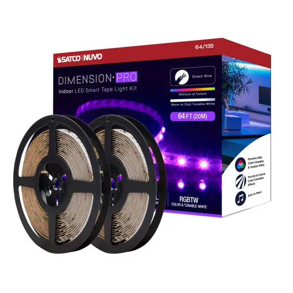 Transform any space with this 64-foot smart tape light featuring RGB plus tunable white, app control via Starfish IOT, and voice integration with Alexa, Google Home, and Siri. Cut-to-size flexibility and music sync capabilities make it perfect for creative installations.