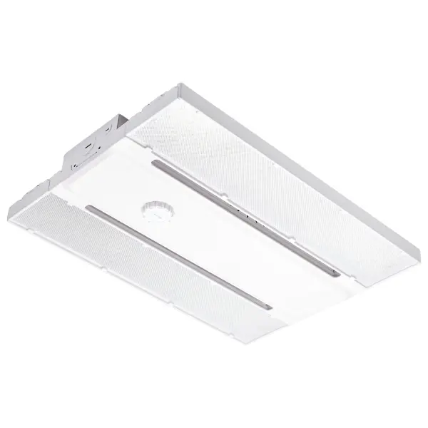 This field-selectable LED high-bay offers exceptional flexibility with adjustable wattage (65W/75W/85W), color temperature (3K/4K/5K), and interchangeable optical lenses. Features flicker-free operation, 0-10V dimming, and sensor-ready design.