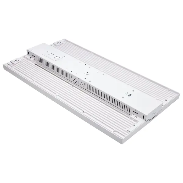 Professional-grade linear high-bay fixture offering exceptional flexibility with field-selectable wattage (275W/300W/320W) and color temperature (3K/4K/5K). Features interchangeable optical lenses, flicker-free operation, and integrated sensor port for motion detection. - alternate view