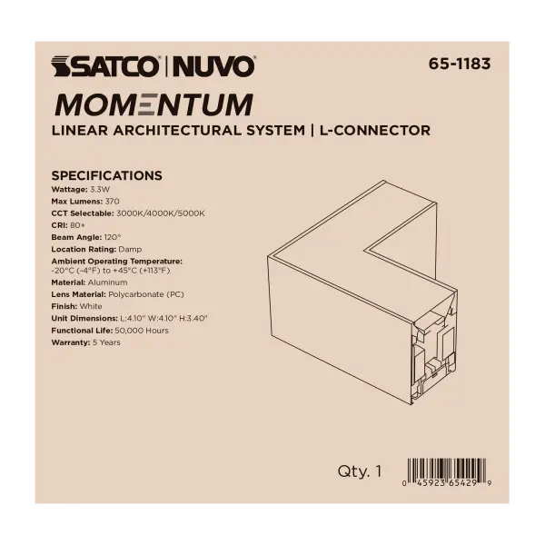 The Momentum L-Connector enables 90-degree turns in LED linear systems with integrated illumination. Designed for plug-and-play installation with quick-connect wiring and magnetic mounting, it's ideal for commercial and residential applications. - alternate view
