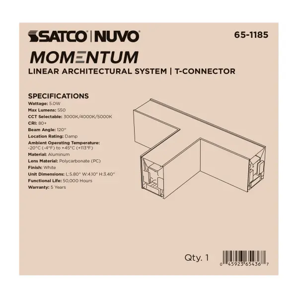 The Momentum T-Connector enables flexible configuration of LED linear lighting systems with illuminated junction points. Designed for quick installation with plug-and-play connectivity and magnetic mounting. - alternate view