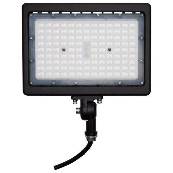 This 90-watt LED flood light delivers powerful 12,758-lumen output with natural 5000K daylight white illumination. Built with durable aluminum alloy construction and bronze finish, it offers versatile mounting options for security and architectural lighting applications.