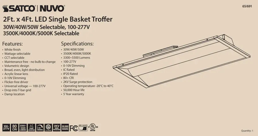 2x4 Single Basket LED Troffer - Selectable Wattage & CCT - Image 4