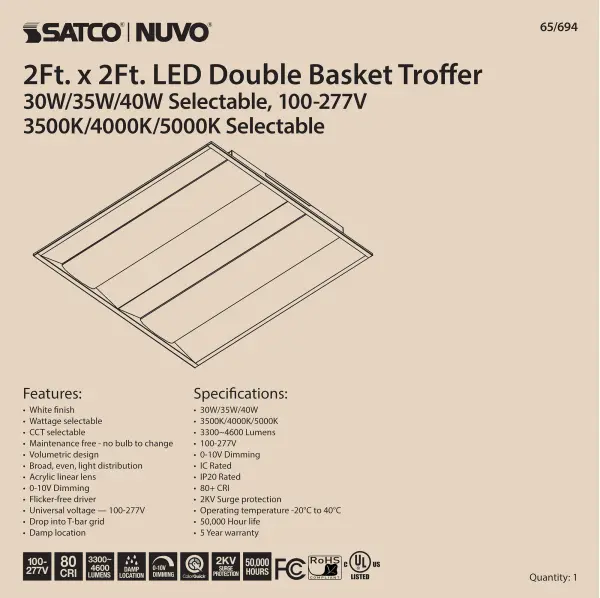 2x2 Double Basket LED Troffer - Selectable Wattage & CCT - Image 6