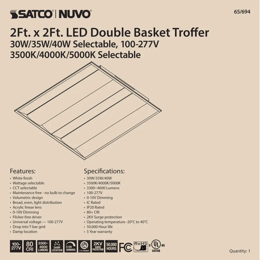 2x2 Double Basket LED Troffer - Selectable Wattage & CCT - Image 6