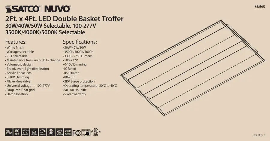 2x4 Double Basket LED Troffer - Selectable Wattage & CCT - Image 5