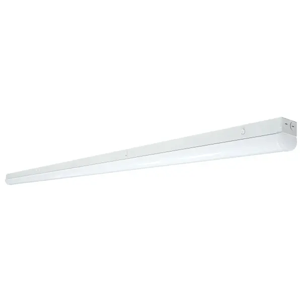 Professional-grade linear strip fixture offering field-selectable CCT (3500K/4000K/5000K) and wattage options. Delivers 7800 lumens with flicker-free performance, ideal for utility spaces, workshops, and commercial applications requiring bright, customizable lighting.