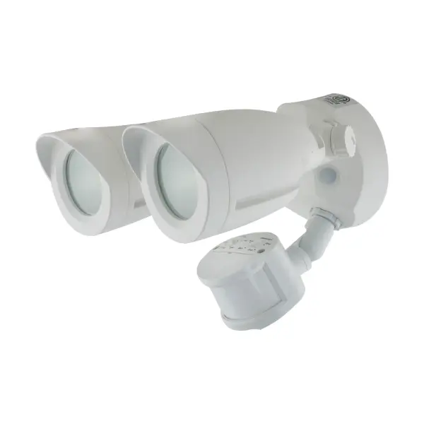 Professional-grade dual head security light featuring die cast aluminum construction, fully articulating heads for precise light direction, and integrated motion sensor. Delivers 1900 lumens of warm 3000K light with exceptional 50,000-hour lifespan. - alternate view