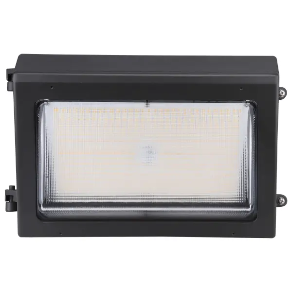 This versatile LED wall pack combines emergency backup capability with adjustable color temperature (3000K-5000K) and wattage settings. Features integrated photocell for automatic operation and 90-minute battery backup at 1120 lumens. - alternate view