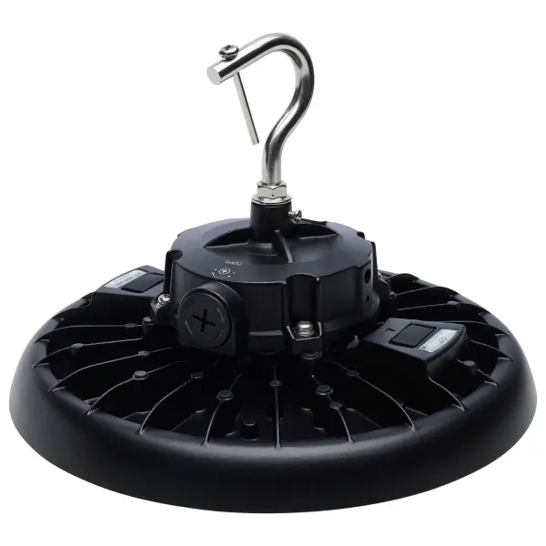 This industrial LED high bay offers exceptional flexibility with field-selectable wattage (80W/100W/120W) and color temperature (3000K/4000K/5000K) options. Built with durable die-cast aluminum and impact-rated lens, it's ideal for warehouses, retail spaces, and commercial facilities requiring reliable, energy-efficient overhead lighting. - alternate view