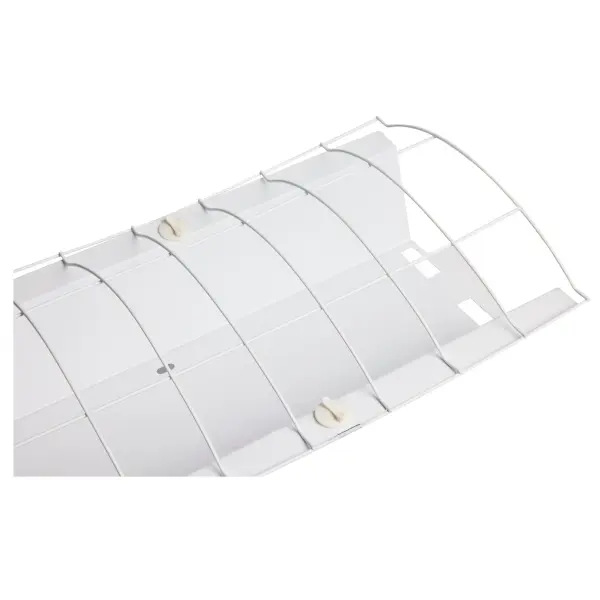 This cambered protective cage provides essential impact protection for 4-foot dual T8 lamp fixtures in high-traffic or industrial environments where fixture damage is a concern.