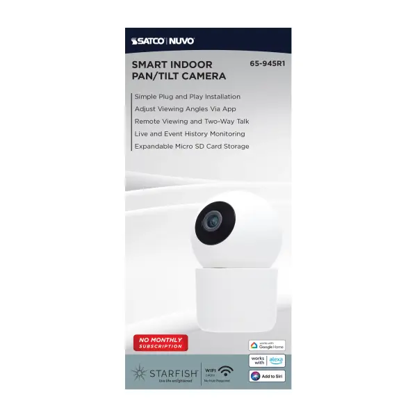 The Starfish Smart Camera delivers comprehensive indoor monitoring with 355-degree pan and 50-degree tilt range. Features two-way audio, motion detection, and works with major smart home platforms—all without monthly fees.
