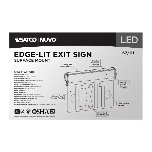 Red Mirror Edge-Lit LED Exit Sign with Battery Backup - Image 6